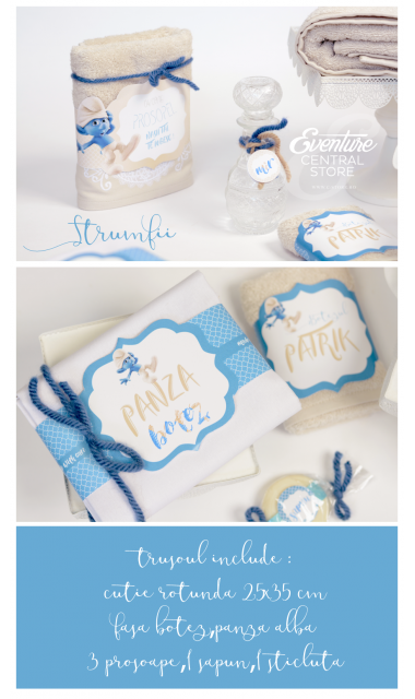 Trusou de botez cu broderie personalizata pentru baieti, Strumfii veseli 9